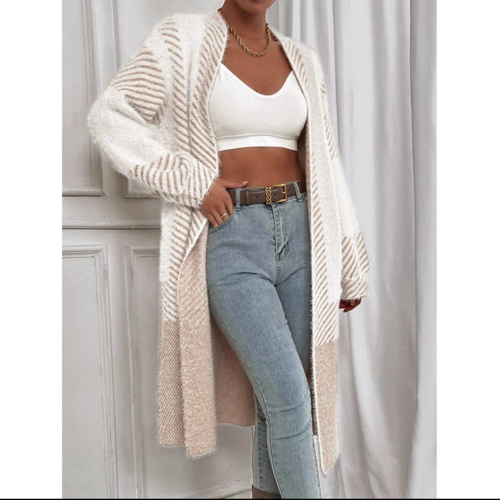 Tan  Striped Pattern Fuzzy Duster Knit Sweater Cardigan - Picture 3 of 10